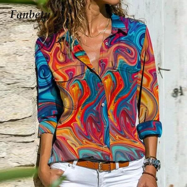 

women retro colorful print buttons blouse shirt autumn long sleeve turn-down collar ladies streetwear casual plus size blusa, White