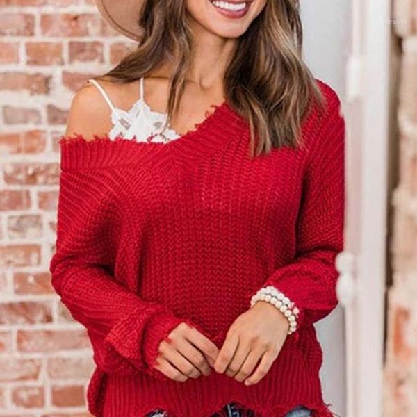 

off the shoulder autumn sweater for women fringe distressed knitted female long sleeve pullover sweaters1, White;black