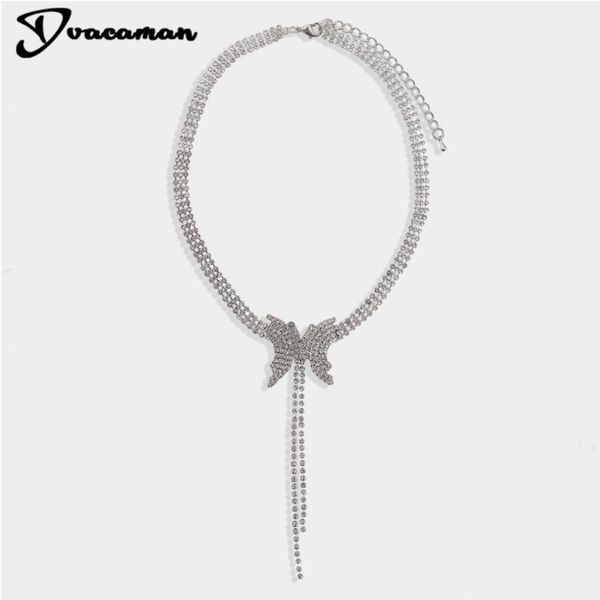 

chains dvacaman bowknot layered necklace for girls pendant butterfly shiny crystal chain elegant star tassel stackable delicate jewelry, Silver