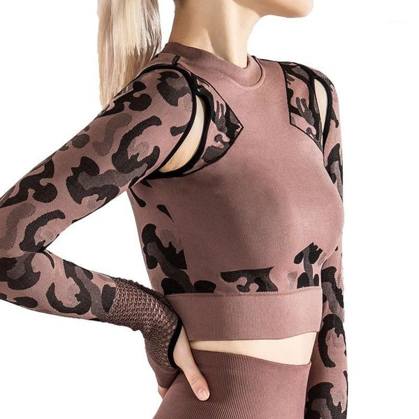 

women sport suit gym workout clothes long sleeve fitness crop seamless long-sleeved camouflage running fitness tights1, White;red