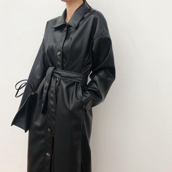 

cool pu leather long jacket 2020 new spring women loose belt pu leather windbreaker trench coat slim autumn jacket1, Black