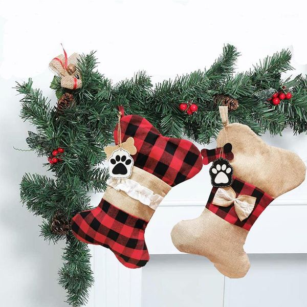 

50pcs/lot new plaid gift socks pet fish bone socks christmas stockings gift decoration bag christmas tree pendant party1