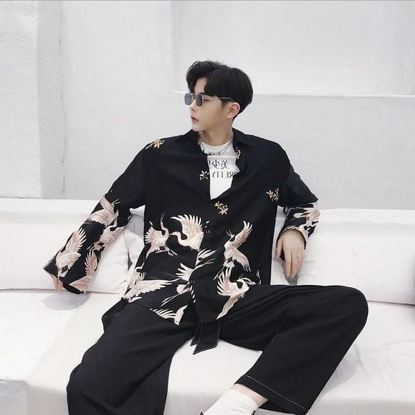 

summer harajuku blouse lovers men kimono bird sun proof cardigan shirts male hawaiian thailand beach loose open stitch, White;black