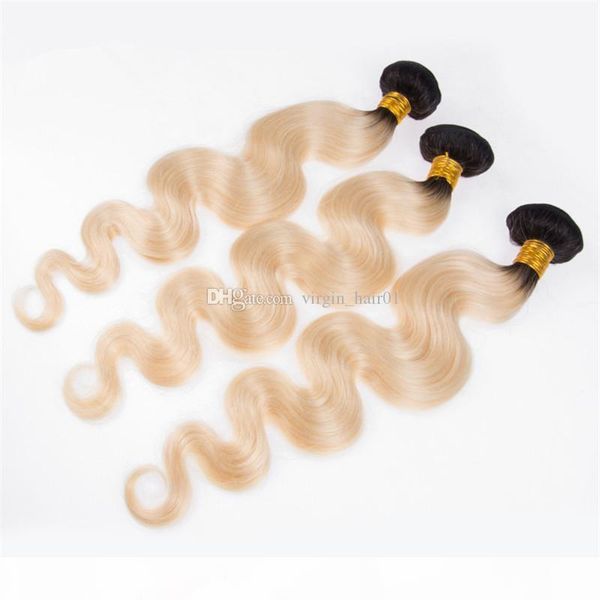 

ombre brazilian human hair extensions two tone color 1b 613# blonde body wave hair weave bundles wefts dark roots, Black;brown