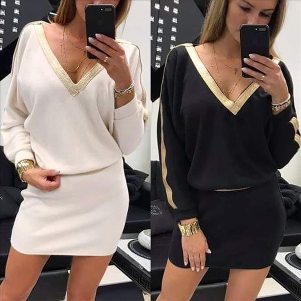 

autumn winter new arrival women long sleeve v neck slim fit wrap hip dress spliced color ladies dress black white, Black;gray