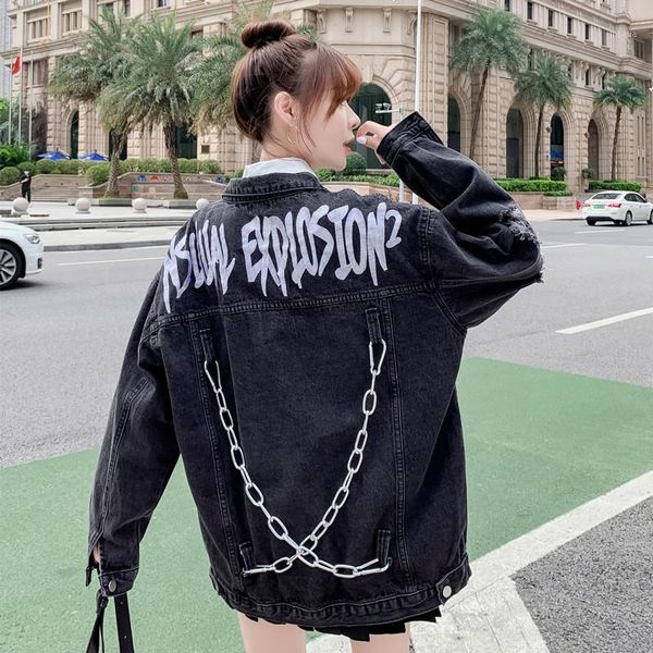 

autumn 2021 new detachable chain retro black denim jacket1, Black;brown