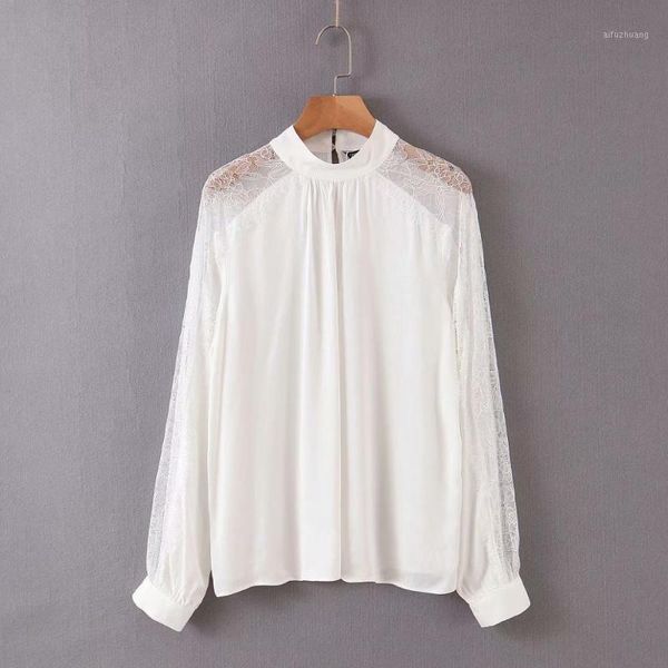 

new women lace patchwork casual satin blouse shirts office lady stand collar chic chemise blusas femininas ls60751, White