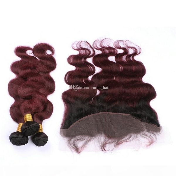 

two tone 1b 99j wine red ombre full lace frontal closure with bundles 4pcs lot body wave burgundy ombre brazilian virgin hair weaves, Black;brown