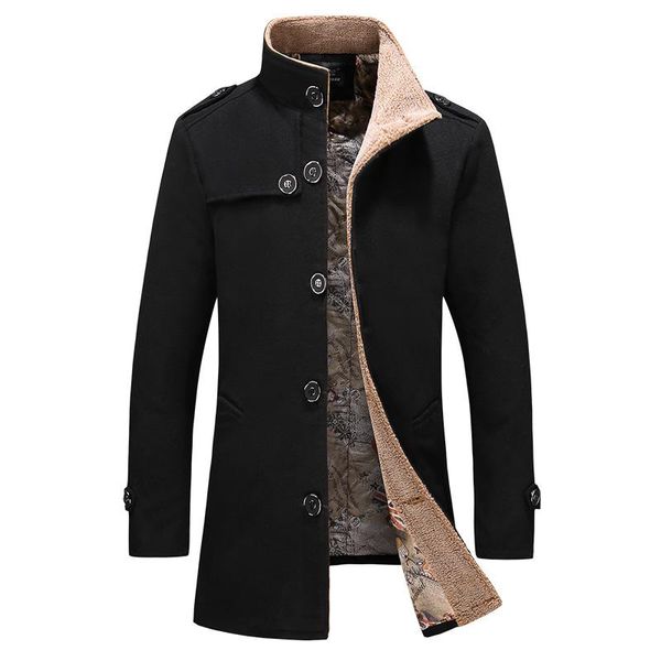 

men's wool & blends men long no cap pocket coat warmth windproof jackets and coats slim fit windbreaker trench plus size, Black