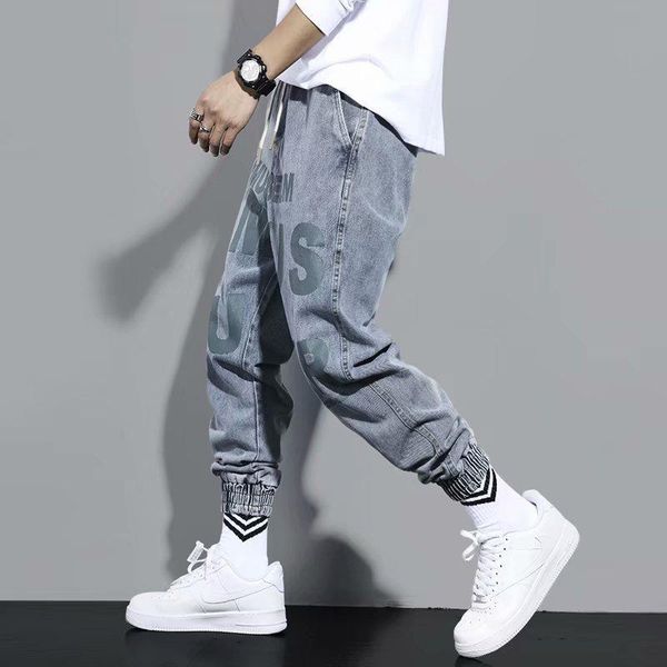 

jeans men's loose stylish motorcycle style korean harlan all-match harajuku style ins beam feet casual pants men jeans, Blue