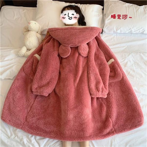 

winter new fleece nightgown dress cute cartoon bear coral fleece hooded pink thicken pajamas single breasted keep warm pajamas, Black;red