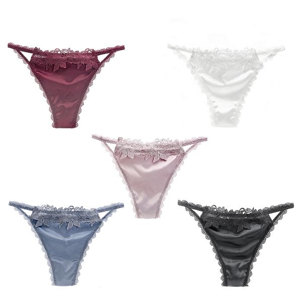 

women low waist satin underwear floral embroidery patchwork panties briefs scalloped lace seamless t-back thongs g-string, Black;pink