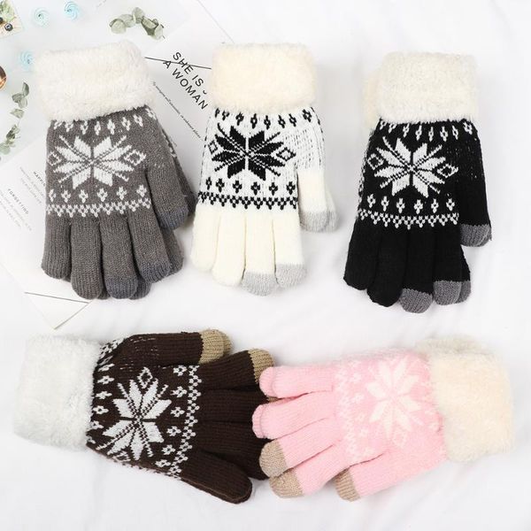 

five fingers gloves fashion knitted women winter warm thick touch screen mittens snowflake pattern full finger skiing driving, Blue;gray