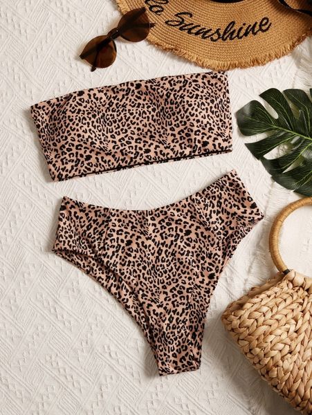 

leopard bandeau high waisted bikini swimsuit b3fi#, White;black