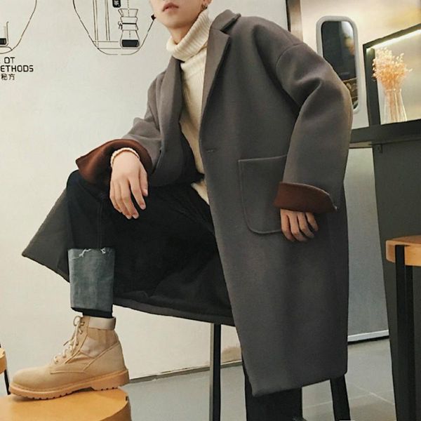 

men's wool & blends autumn and winter long trench coat men with cotton joggings cape loose thick, Black