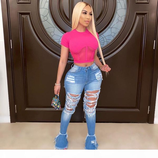 

fashion women jeans holes ripped tassel ruffles bell bottom long jeans high waist tight flare pants girls pants 2020 ins, Blue