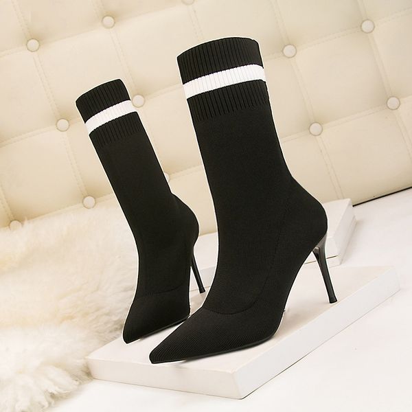 

2021 women boots sock ladies mid calf high heels autumn pumps stiletto fashion knitted woman pointed toe new footwear rcz9, Black