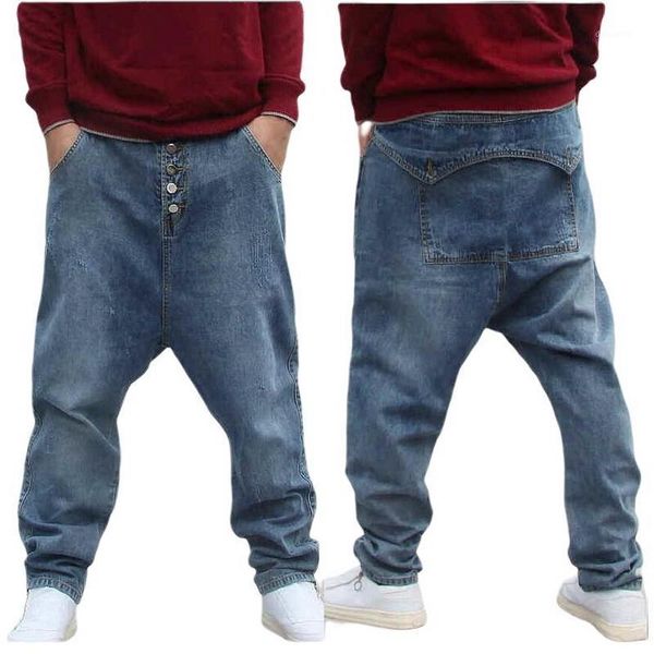 

men street low crotch jeans baggy jeans button hip-hop pants men's loose denim harem pants flying squirrel1, Blue