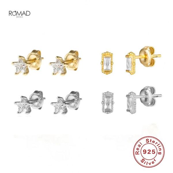 

stud romad fashion 925 sterling silver earrings for women cute small star/geometric zircon pierced earings jewelry gift kolczyki, Golden;silver