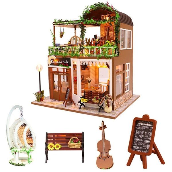 

diy cafe wooden doll house casa juguete cello miniature dollhouse kast furniture kit kids home toys juguetes para los ni os y200413