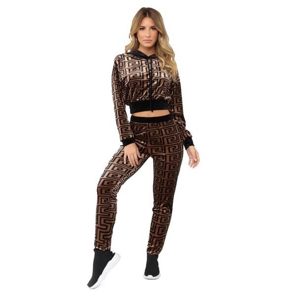 

women designers clothes 2020 fashion wholesale long sleeve midriff-baring printing joining trousers hooded collar women clothing 2 piece set, White