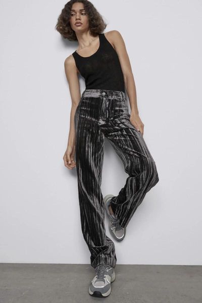 

women's pants & capris autumn/winter 2021 show thin tall waist velvet wide-legged female easy straight slacks trousers drape joker, Black;white