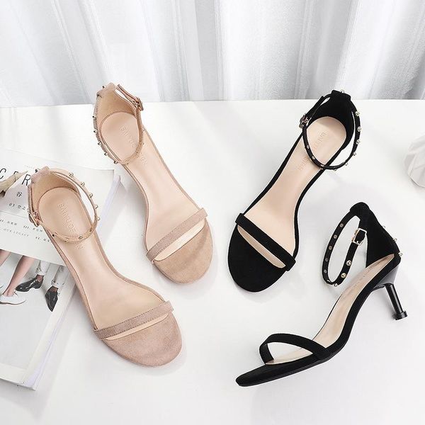 

dress shoes summer women sandals open toe suede office round head 6.5cm women's thin heel, Black