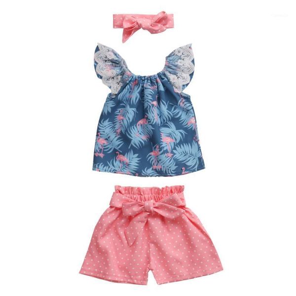 

clothing sets toddler baby girl flamingo clothes set lace sleeves off shoulder ruffle shorts+headband outfit 3pcs1, White