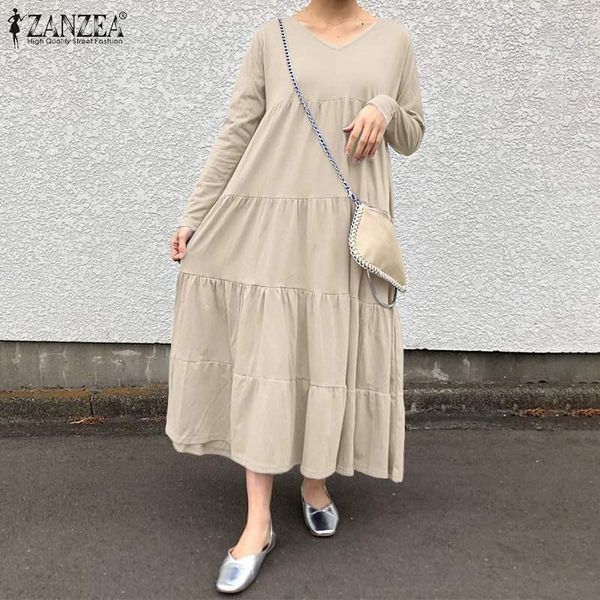 

plus size women's spring sundress zanzea elegant solid maxi dress casual long sleeve ruffle vestidos female v neck robe femme, Black;gray