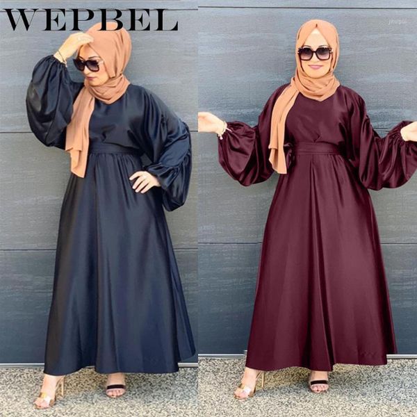 

wepbel muslim fashion solid color lantern sleeve o-neck high waist dress women's casual loose dubai robe1, Red