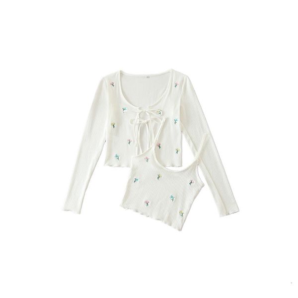 

2021 autumn new all-match casual white embroidery flower spaghetti cardigan belts vintage woman mesh set of two pieces b9d3, White;black