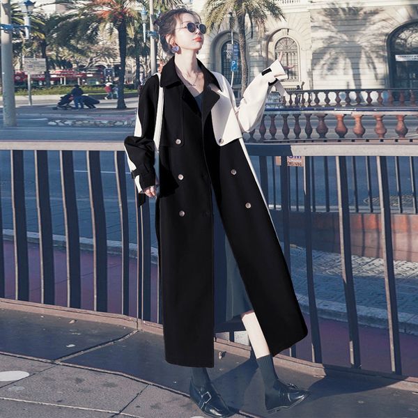 

2021 new women's coat spring autumn korean loose color matching windbreaker jacket double breasted lapel long overcoat y566 c69f, Tan;black
