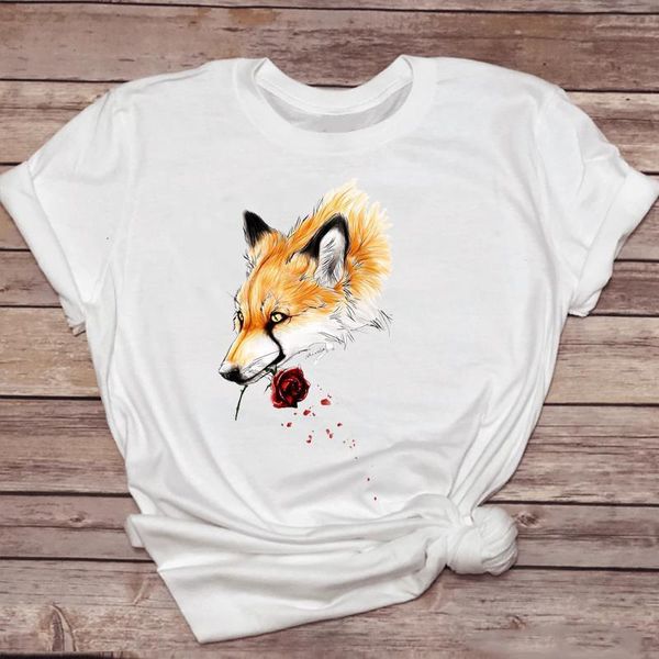 

women t-shirts fox watercolor valentine floral flower cartoon fashion ladies print graphic t lady shirt female tee t-shirt, White