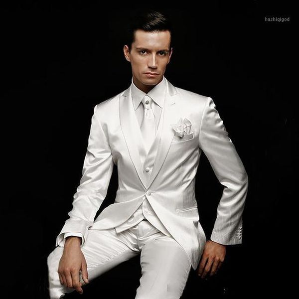 

custom ivory white satin mens suits 3pieces tuxedos for party prom italian stylish wedding mens suits (jacket+pants+vest+tie)1, White;black
