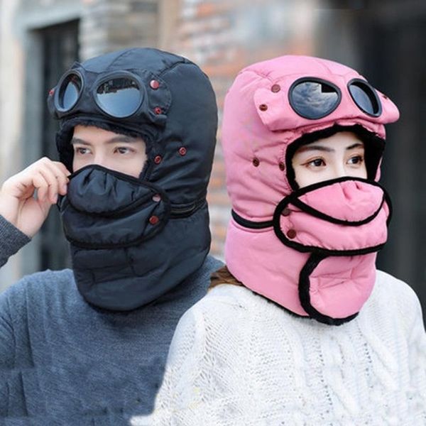 

bomber hats women men child winter windproof ski cap with ear flaps and mask pilot goggles warm hats trooper trapper cap