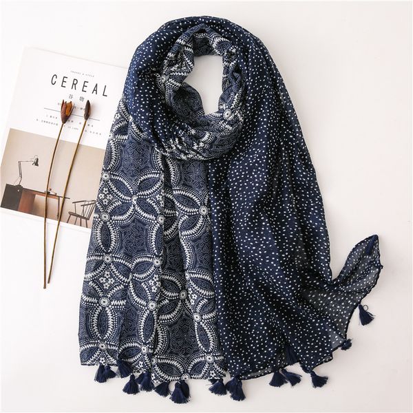

silk scarves quality cotton sunscreen scarf spring and summer navy blue and white porcelain print long tassel cape, Blue;gray