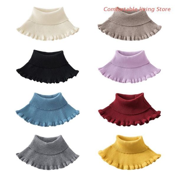 

scarves ladies turtleneck ribbed knitted false fake collar winter windproof dickey solid color ruffles detachable scarf wrap necklace, Blue;gray
