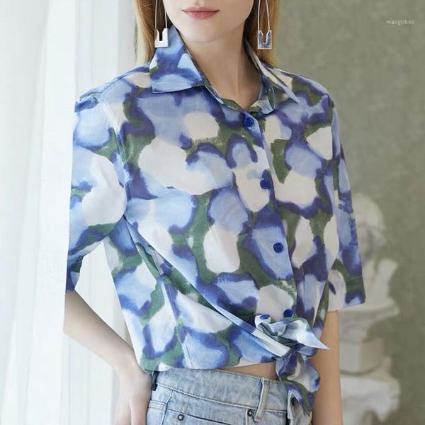 

color printed women shirt half sleeve turn-down collar loose casual lady shirt 2020 summer new1, White