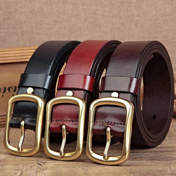 

two layer casual leather men's brass japanese buckle instead of belt for men, Black;brown