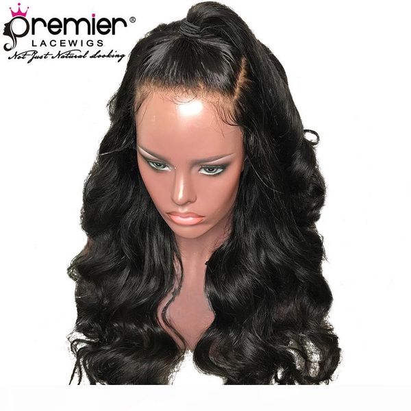 

premier glueless lace front wigs brazilian remy human hair pre-plucked natural hairline body wave 130% density lace wig for american, Black;brown