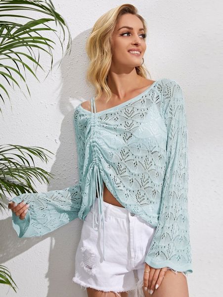 

scallop trim drawstring ruched cover up p4it#, White;black