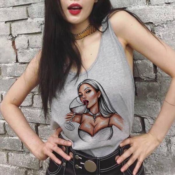 

2021 summer tank women ladies tshirt streetwear vogue cool girl print white gray sleeveless casual loose