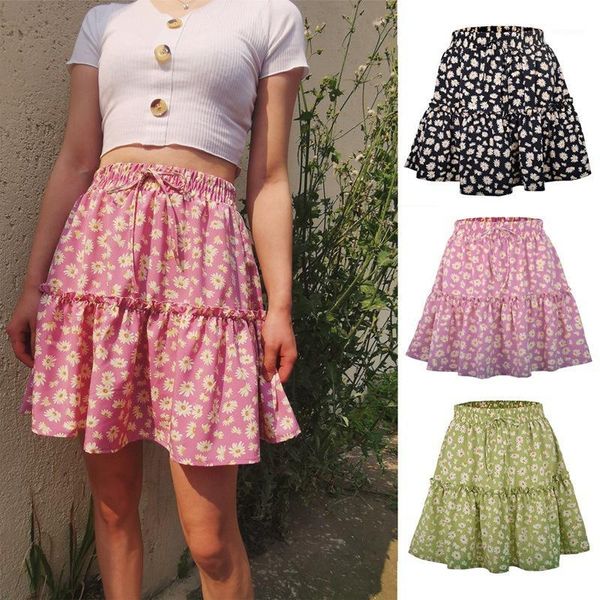 

summer women's floral short skirt small daisy print pleated skirt cute sweet short1, Black