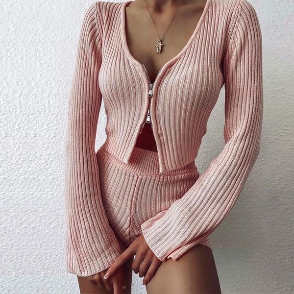 

women's tracksuits autumn knitted long sleeves two-piece v-neck casual zipper t-shirt shorts suit bodycon long-sleeved cardigan jacket, Gray