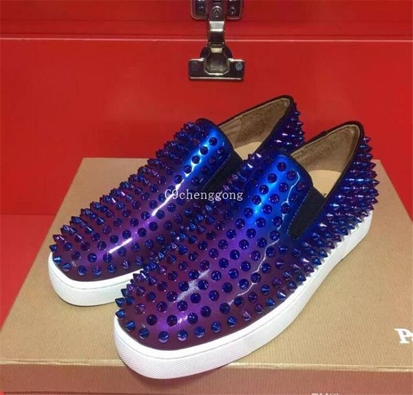 

luxury gift,with box] pik boat men's flat luxury red bottom sneaker shoes slip-on spikes leisure casual gradient patent leather traine, Black