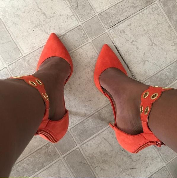 

women orange white color cuts out ankle pointed toe metal circle decoration thin heels zipper back dress party pumps shoes lady, Black