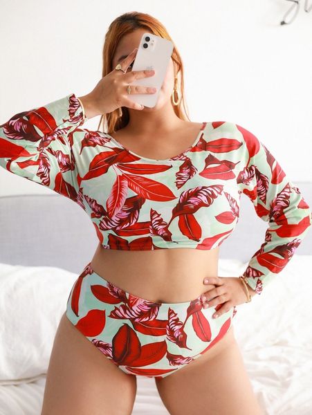 

plus plant print high waisted bikini swimsuit h0zx#, Black