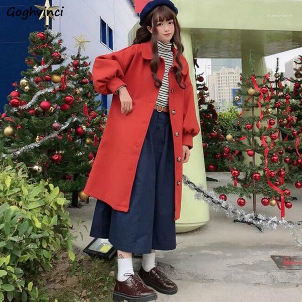 

women's wool & blends women winter single-breasted lantern sleeve students outwears harajuku all-match chic casual fashion ulzzang loos, Black