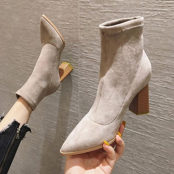 

elastic ankle boots elegant thick heelhigh heels stretch women autumn pointed toe booties female, Black