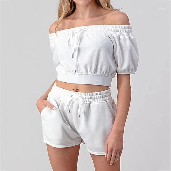 

conjuntos mujer verano off shoulder white crop and shorts set lounge wear suit women two piece set ropa europea clothes1